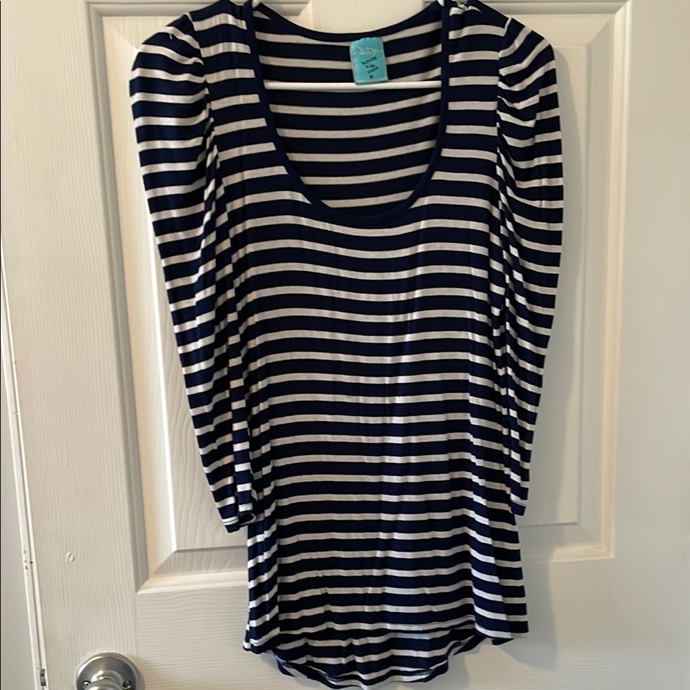 Navy and White Fitted 3/4 Sleeve Blouse